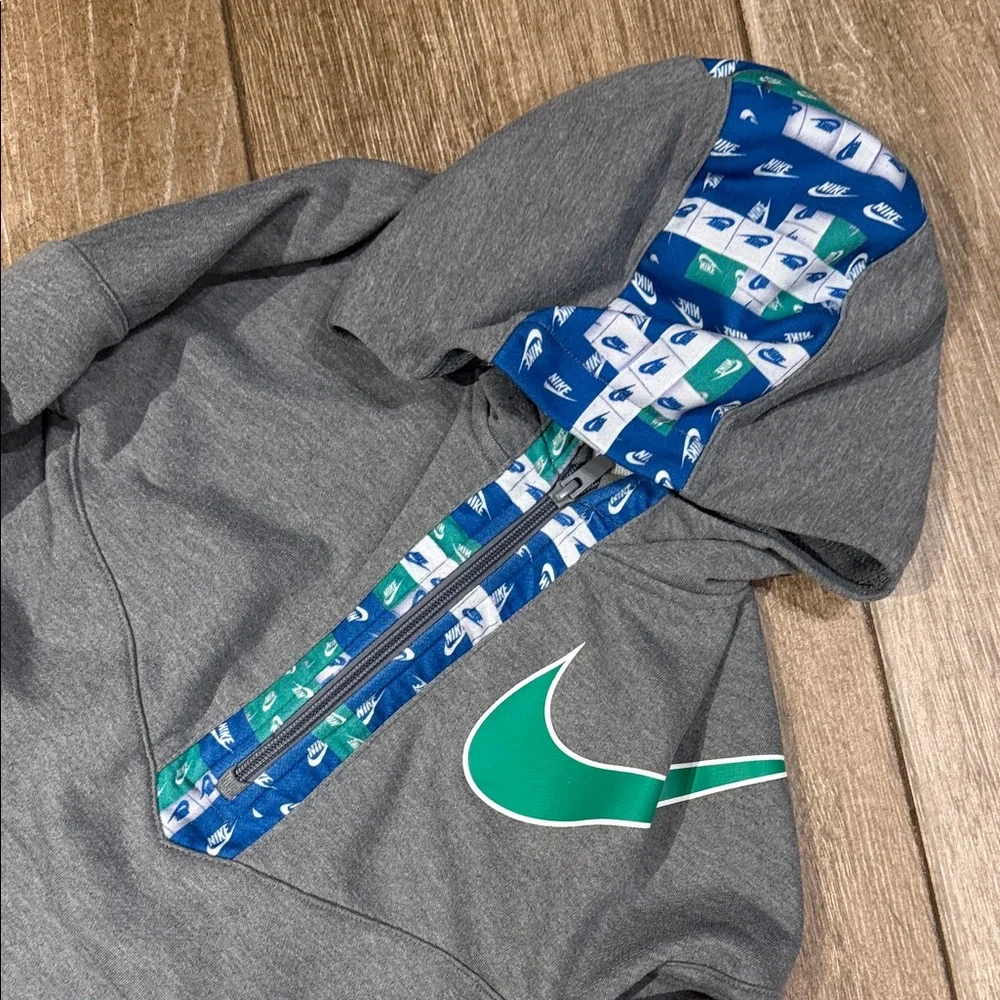 Nike Gray Kids Hoodie with Green Swoosh and Blue Hood Lining